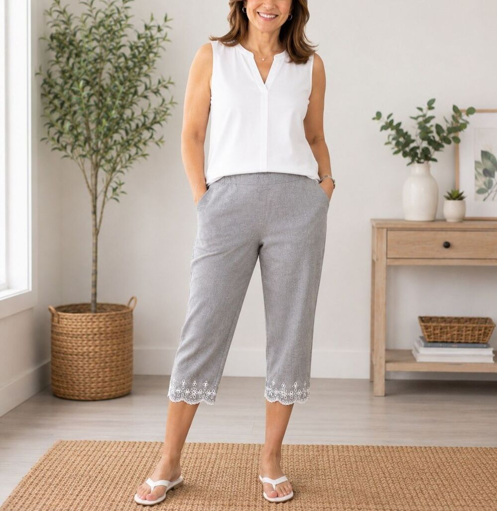 NWT Alfred Dunner Gray Linen Blend Eyelet Hem Pull-On Capri Pants Petite 16P